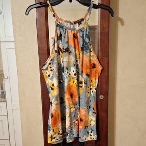 Floral Sleeveless Top - Orange and Blue